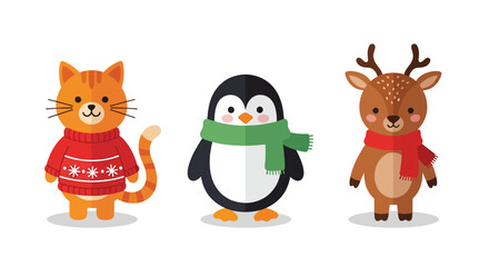Adorable cartoon cat penguin and reindeer dressed for winter.