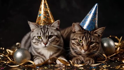 Festive cats in party hats amidst confetti and ribbons celebrate joy - Powered by Adobe
