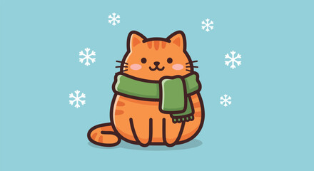 Adorable cartoon orange tabby cat wearing a green scarf in a snowy winter scene.
