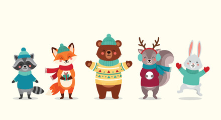 Adorable cartoon woodland animals dressed in winter clothing.