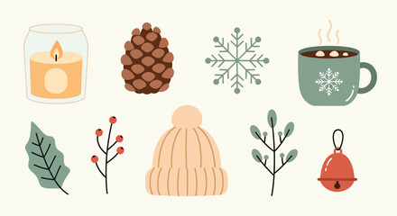 Cozy Winter Elements Candle Pinecone Snowflake Hot Chocolate Beanie and Festive Accents.