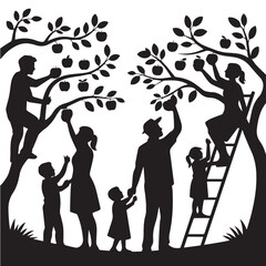 Family Apple Picking Silhouette Vector