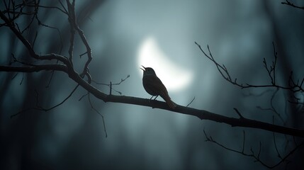 singing. A nightingale singing on a moonlit branch in a serene, misty forest. wildlife magazines, conservation campaigns, designed for nature documentaries and education, used by recruiters.