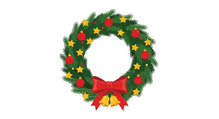 Festive Green Christmas Wreath with Red Bow and Golden Bells.