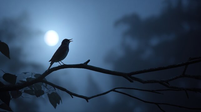 singing. A nightingale singing on a moonlit branch in a serene, misty forest. wildlife magazines, conservation campaigns, designed for nature documentaries and education, used by recruiters.