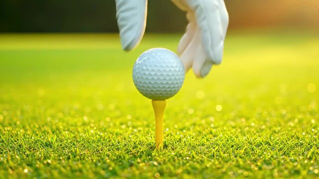 Close-up of a gloved hand placing a golf ball on a tee on a bright green golf course with soft bokeh background