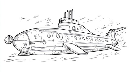 Fototapeta premium Underwater submarine sketch, ocean background, nautical illustration