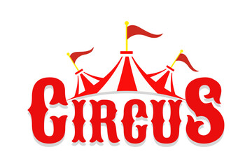 Circus label with text and tents. A red icon on a white background. Vector illustration