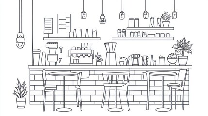 Obraz premium Interior Coffee Shop Line Drawing, Modern Cafe, Stylish Design, Empty Tables, Casual Atmosphere, Background Display Shelf, Perfect for Illustration, Graphic Design