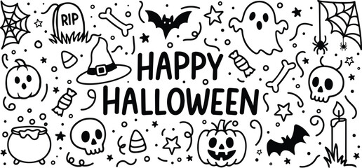 Black and White Halloween Hand Drawn Doodle Art Vector - Featuring Pumpkins, Ghosts, Bats, Spiderwebs & Creepy Faces