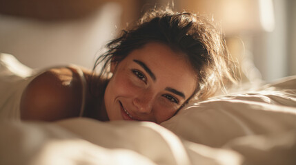 Woman smiling in bed, enjoying the morning sunlight and a peaceful moment. A beautiful woman is lying in bed, smiling and looking at the camera with a relaxed expression.