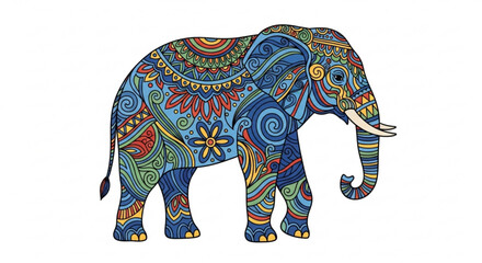 An intricately designed elephant with vibrant patterns, , showcasing a fusion of cultural art and majestic wildlife in a captivating style