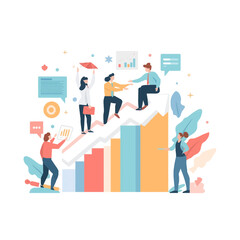 Fototapeta premium Business people collaborating on a project, climbing a bar graph staircase towards success and achievement with teamwork