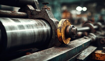 Close-up of industrial metal roller with rust and wear in manufacturing environment