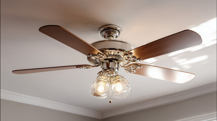Ceiling fan with four wooden blades and three glass light fixtures mounted on a white ceiling surface