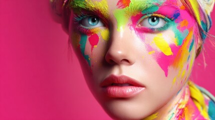 A model showcases stunning face paint on a bright pink background radiating creativity and energy.