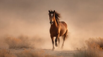 galloping. A majestic stallion galloping through desert haze, mane flowing in sunset light. inspiring travel planning, wildlife magazines, designed for eco-tourism storytelling.