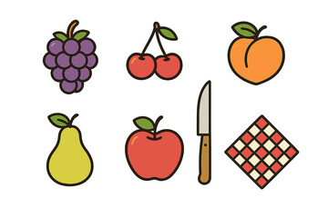 Set of fresh fruits and picnic essentials including grapes, cherries, peach, pear, apple, knife, and checkered blanket
