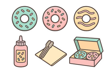 Cute pastel colored donuts and bakery items including a box, tongs, and sprinkle bottle