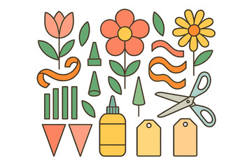 Colorful crafting supplies set including flowers ribbons scissors and glue elements