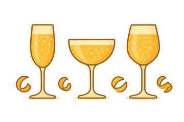 Set of three sparkling wine glasses with citrus peel garnish