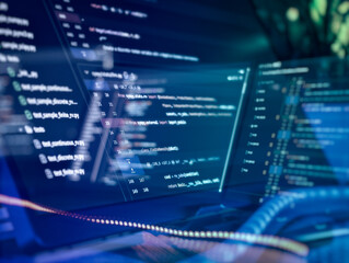 High-tech workspace with multiple monitors displaying source code, symbolizing modern software development, programming, and digital innovation.