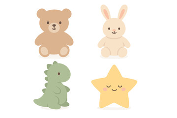 Adorable collection of plush toys and celestial elements for baby shower or nursery design