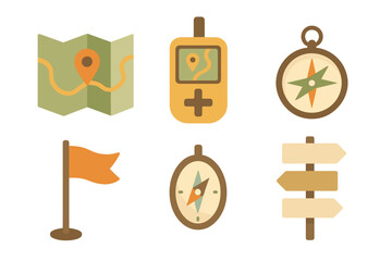 Outdoor adventure and navigation tools set featuring map, GPS, compasses, flag, and signpost
