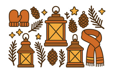 Cozy winter holiday set with lanterns, mittens, scarf, and natural pine cones