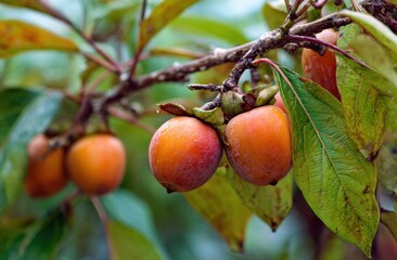 Close-up of ripening apples hanging from a branch with green leaves in orchard