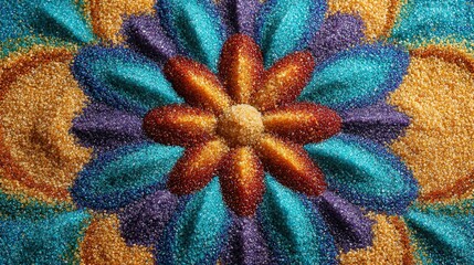 radial. Complex mandala pattern from colored sand, radial symmetry and vibrant colors. event programs, museum guides, designed for cultural heritage projects and event programs, supports education.