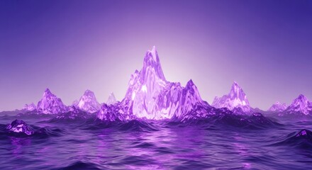 Vibrant purple crystalline mountains reflect beautifully over a calm ocean under a serene sky.