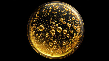 Abstract golden bubbles floating in liquid against a black background. macro shot showcases the beauty of golden bubbles suspended in a clear liquid, creating a mesmerizing visual effect.
