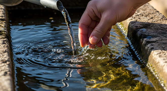 Hand Reaching Towards Clear Water Rippling in Fountain Under Bright Sunlight in Natural Outdoor Environment