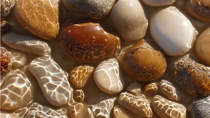 pebble. Smooth river stones polished by water flow, showing natural erosion patterns in a shallow stream. travel magazines, destination branding, designed for travel destination branding.