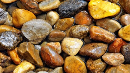 pebble. Smooth river stones polished by water flow, showing natural erosion patterns in a shallow stream. travel magazines, destination branding, designed for travel destination branding.