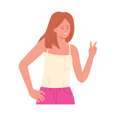 Young woman with brown hair smiling and making peace gesture isolated on white vector illustration