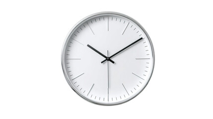 Classic roman numeral wall clock depicting time, wood finish on a white background signifying punctuality