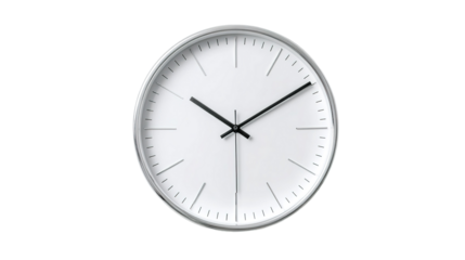 Classic roman numeral wall clock depicting time, wood finish on a white background signifying punctuality