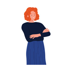 Smiling redhead woman with arms crossed standing confidently isolated on white vector illustration
