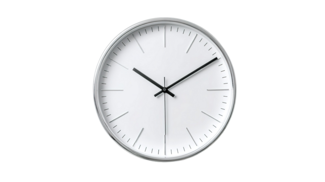 Classic roman numeral wall clock depicting time, wood finish on a white background signifying punctuality - Powered by Adobe