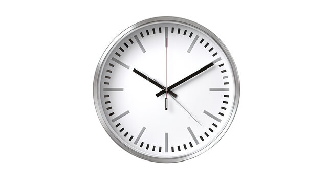Classic roman numeral wall clock depicting time, wood finish on a white background signifying punctuality