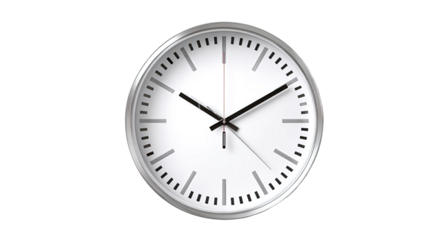 Classic roman numeral wall clock depicting time, wood finish on a white background signifying punctuality