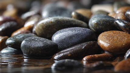 pebble. Smooth river stones polished by water flow, showing natural erosion patterns in a shallow stream. travel magazines, destination branding, designed for travel destination branding.
