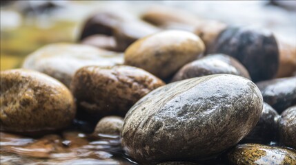 pebble. Smooth river stones polished by water flow, showing natural erosion patterns in a shallow stream. travel magazines, destination branding, designed for travel destination branding.
