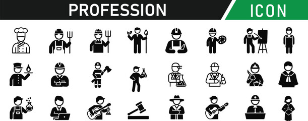 Profession glyph icon set. Including Doctor, Engineer, Teacher, Chef, Police Officer, Firefighter, Artist, Scientist, Builder, Pilot. Vector silhouette illustration