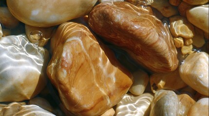 pebble. Smooth river stones polished by water flow, showing natural erosion patterns in a shallow stream. travel magazines, destination branding, designed for travel destination branding.