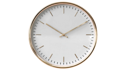 Classic roman numeral wall clock depicting time, wood finish on a white background signifying punctuality