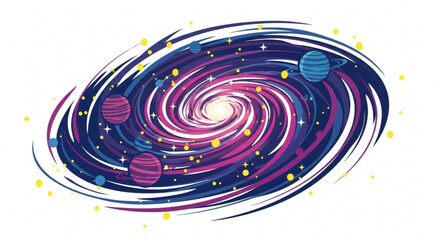 A captivating spiral galaxy illustration, showcasing cosmic beauty with swirling arms, vibrant colors, and distant planets