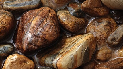 pebble. Smooth river stones polished by water flow, showing natural erosion patterns in a shallow stream. travel magazines, destination branding, designed for travel destination branding.